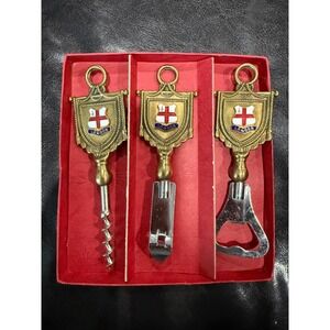 London Souvenir Corkscrew Bottle Opener Set Vintage Brass Heraldic Crest